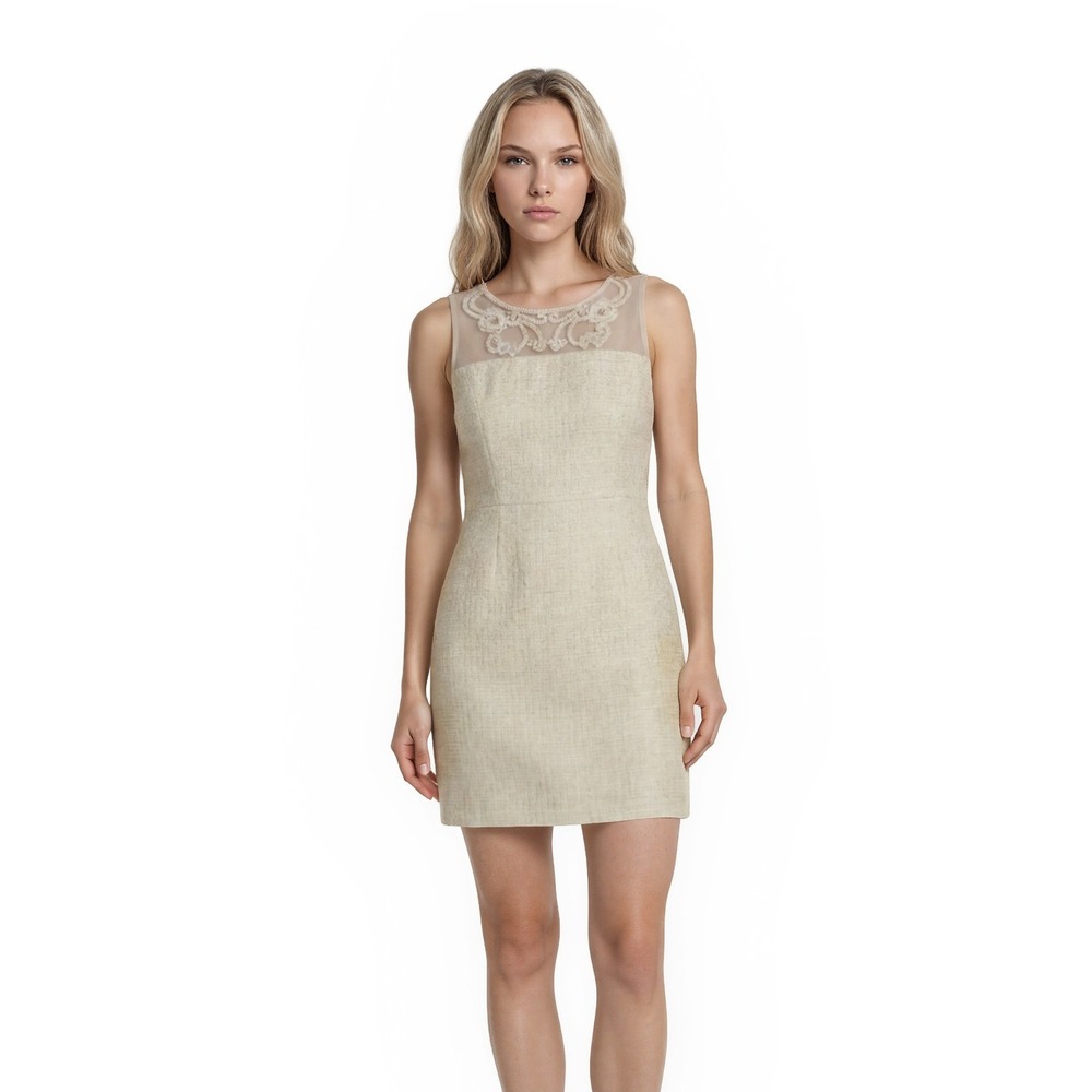 Brooks Brothers Sheath Dress Women's Size 12 Cream Gold Lined Beaded Ribbon